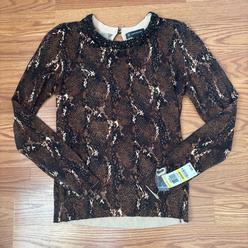NEW INC Brown Snakeskin Beaded Crewneck Sweater Large Animal Print Maximalist